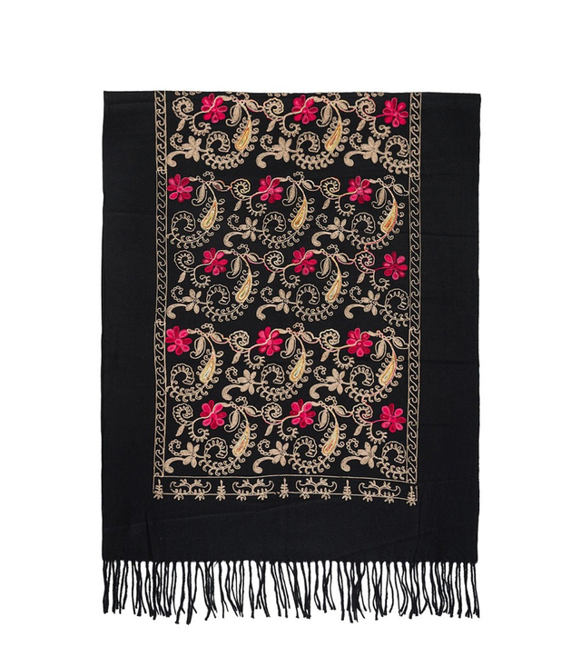 Women's folklore scarf with flower motif and tassels