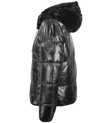 Short winter down jacket with fur hood