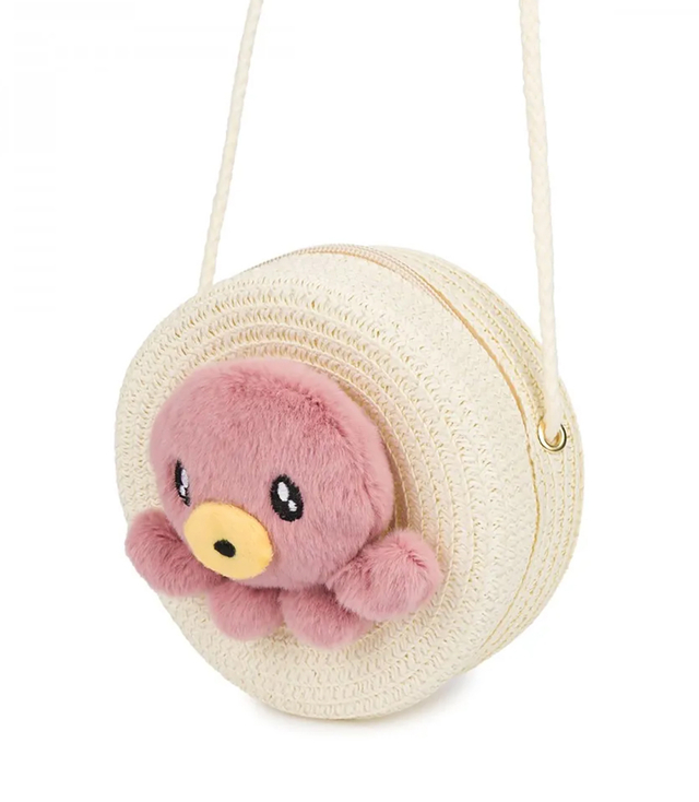 Children's Straw Bag with Plush Octopus 