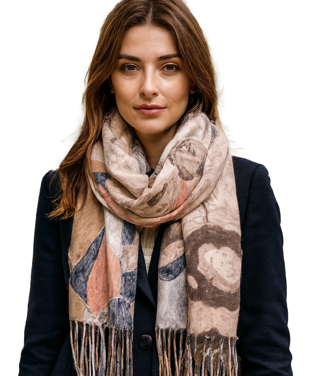 Women's scarf with floral motif and tassels elegant