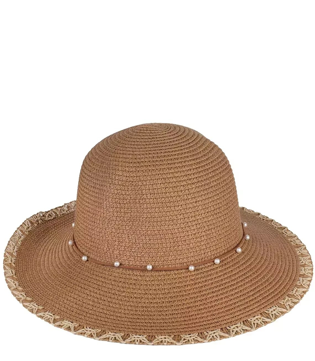 Women's straw hat with a strap with pearls