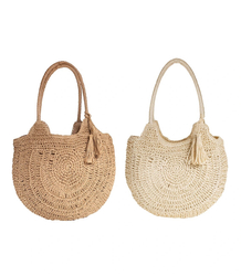 Large round straw beach bag, fully woven