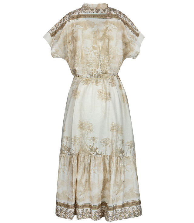 Midi safari print summer dress with a stand-up collar and a NEL belt