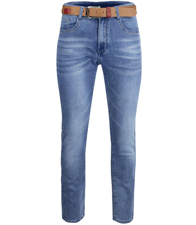 Klasyczne spodnie męskie jeansy z brązowym paskiem