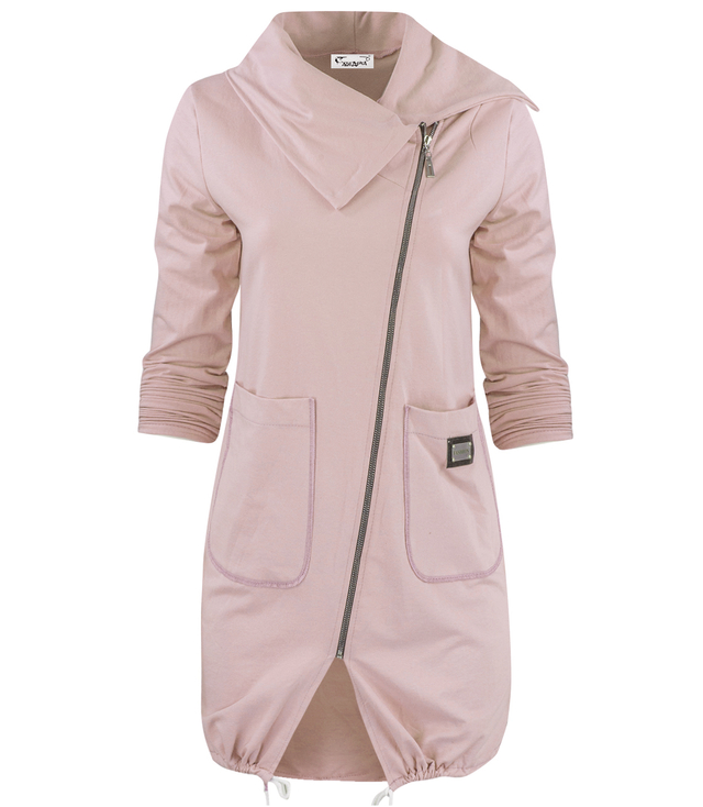 Thin long sweatshirt with a diagonal zipper and a BEATA neck warmer