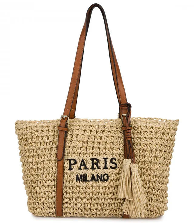 Braided boho handbag with tassels and lettering PARIS MILANO