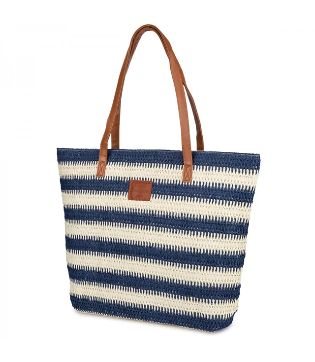 Large braided striped shoper bag with zipper closure