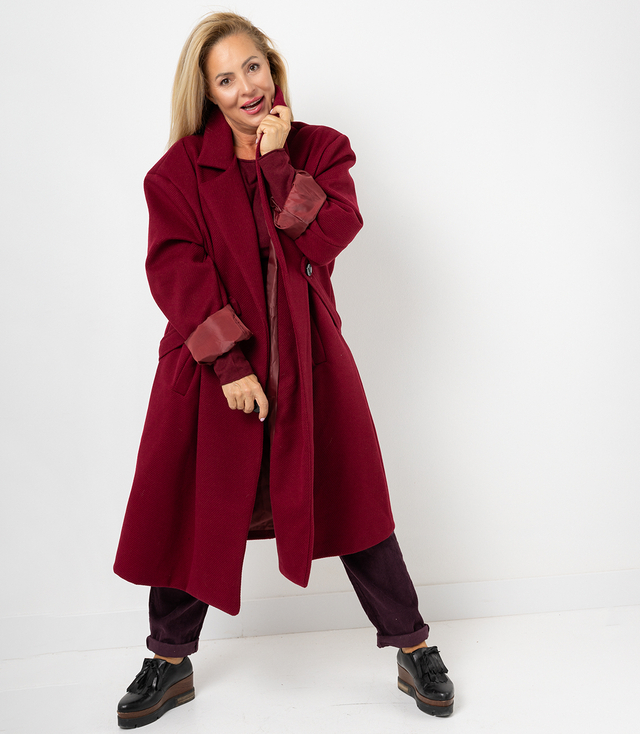 Women's long oversize coat with decorative belt KASIA