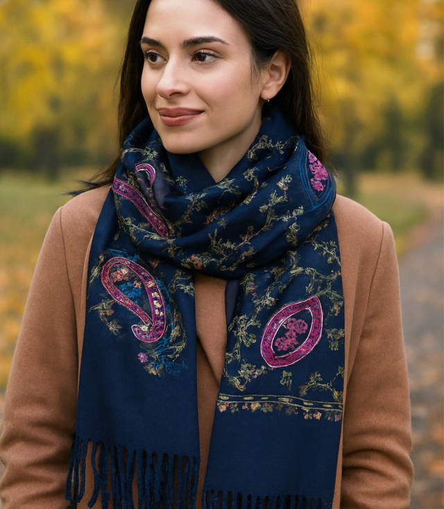 Women's scarf with embroidered pattern and tassels