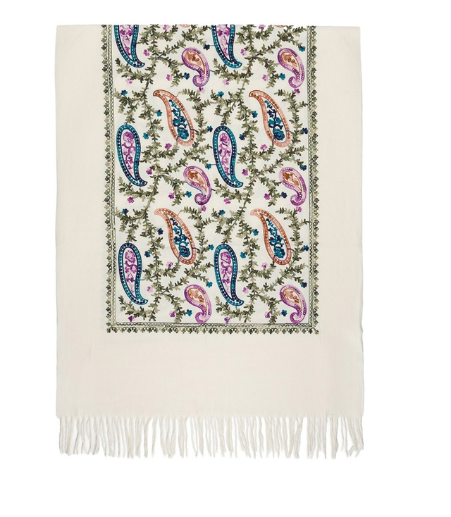 Women's scarf with embroidered pattern and tassels