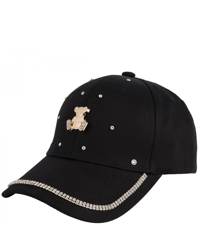 Children's baseball cap decorated with zircons and gold teddy bear