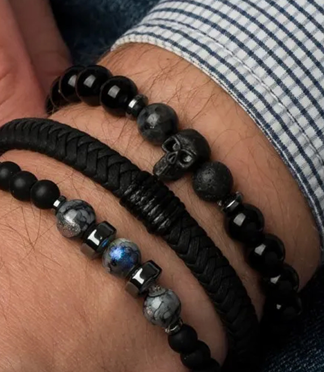 Set of men's bracelets natural stone with skull