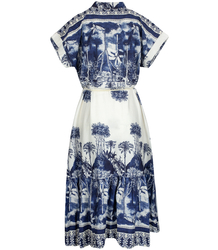 Midi safari print summer dress with a stand-up collar and a NEL belt