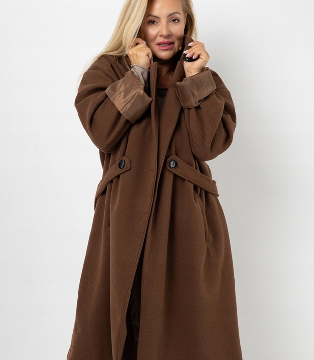 Długi płaszcz damski oversize z ozdobnym pasem KASIA unisize