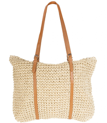 Large rectangular straw beach bag with eco-leather handles