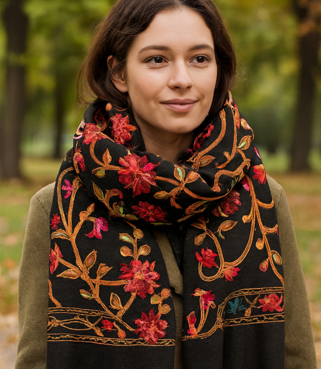 Women's folklore scarf with flower motif and tassels