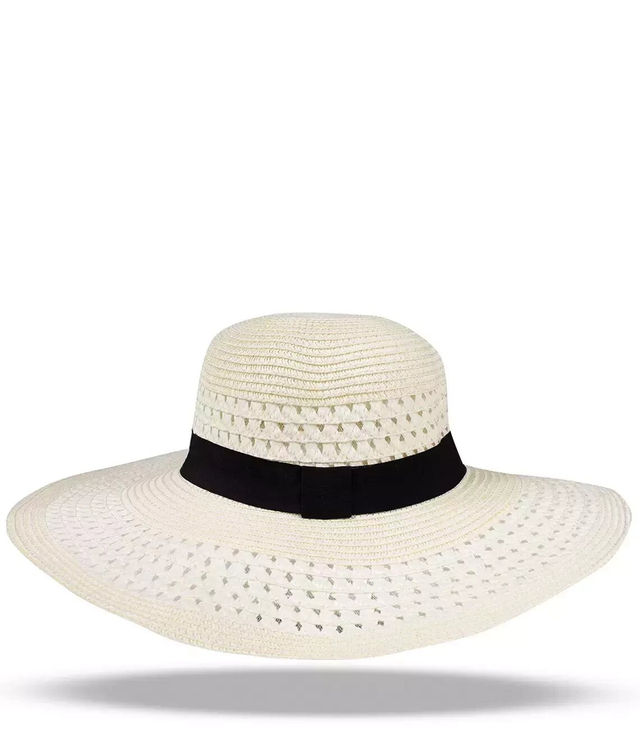 Fashionable large women's straw hat with black ribbon