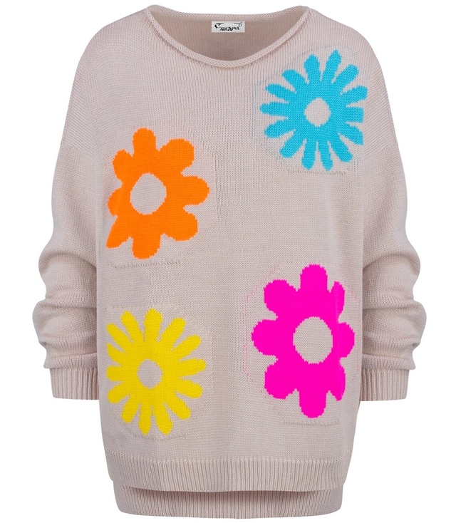 Women's sweater in colorful flowers with a longer back LILANA