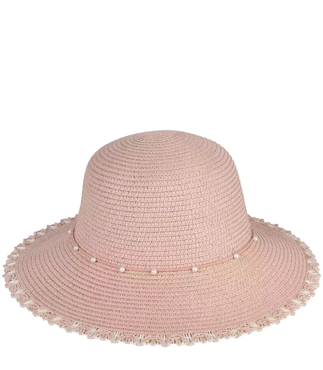 Women's straw hat with a strap with pearls