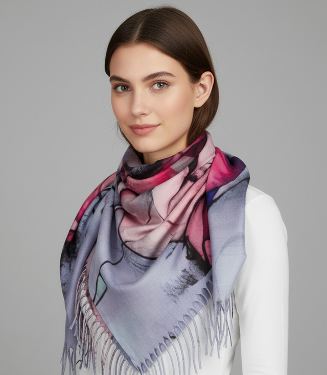 Abstract shawl scarf multicolored elegant with tassels