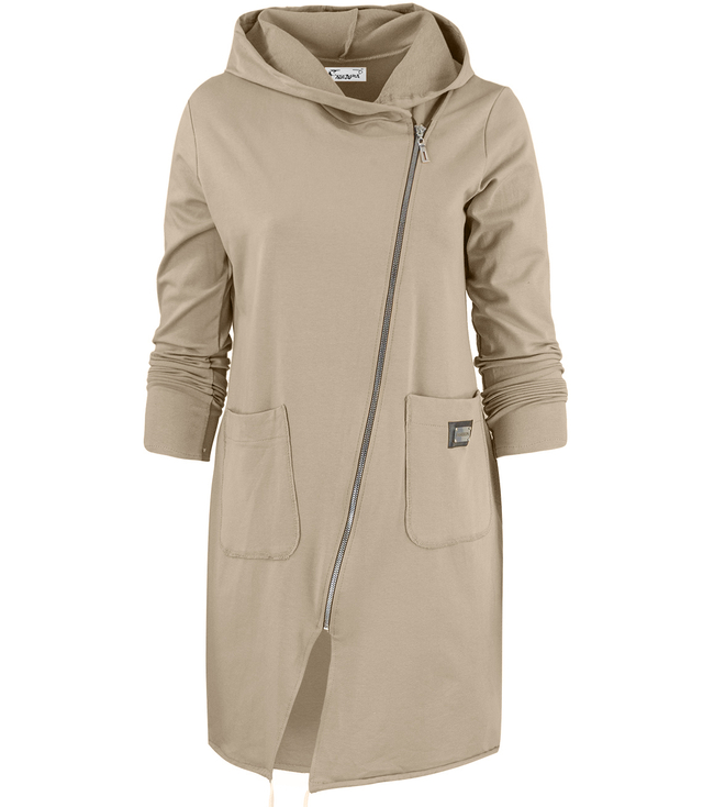 Cienka długa bluza ze skośnym suwakiem i kapturem LILIANA