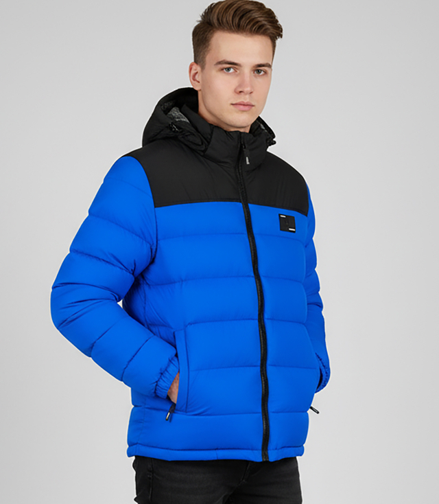 Warm men's quilted winter jacket with hood 