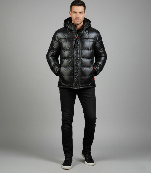 Men's winter quilted jacket with hood and sheen