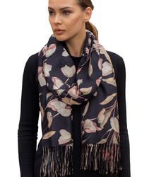 Women's scarf with a motif of small flowers tassels