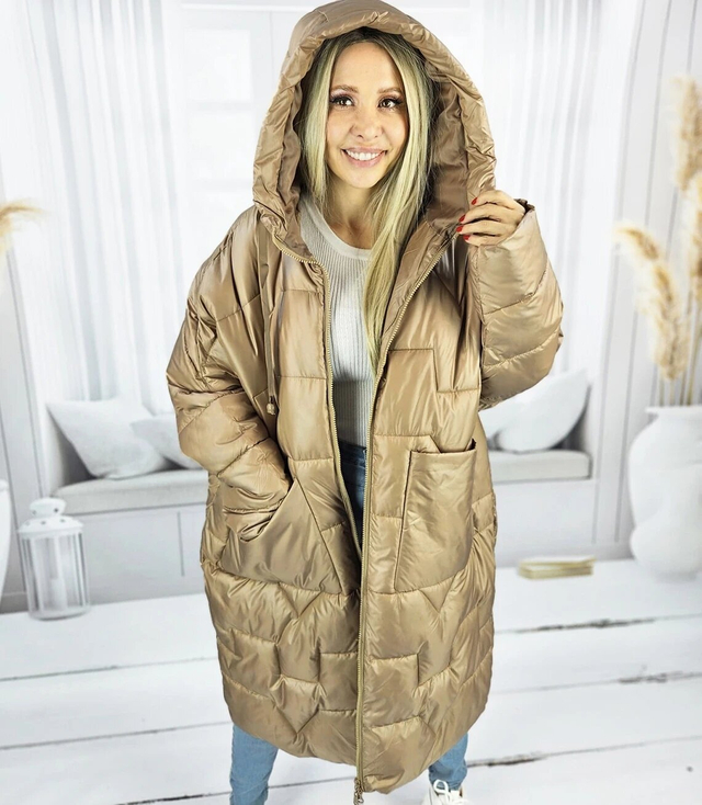 Długa kurtka damska ciepła z pikowaniem z kapturem ANABEL
