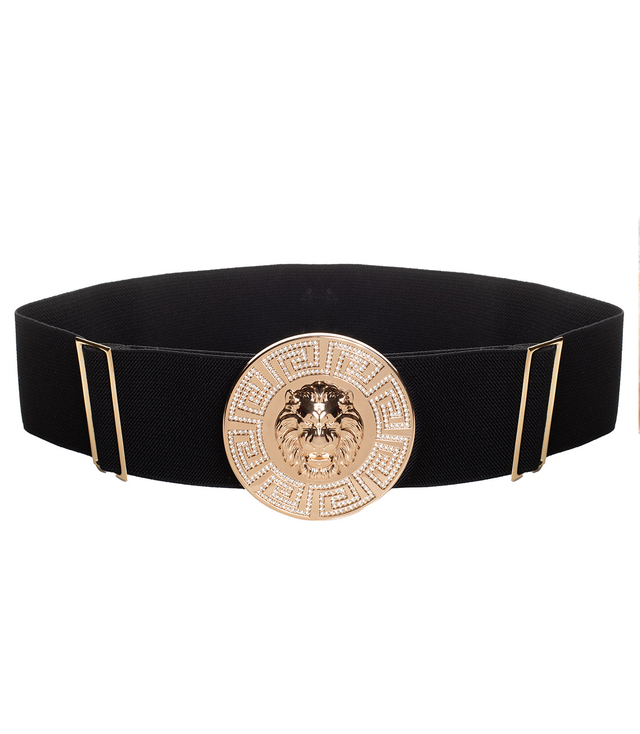 Women's belt with a gold lion and zircons, adjustable and elastic