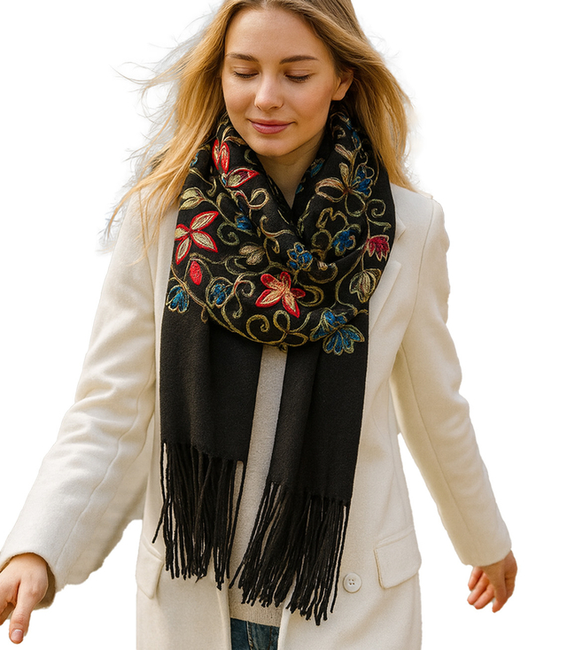 Women's scarf with embroidered pattern and tassels