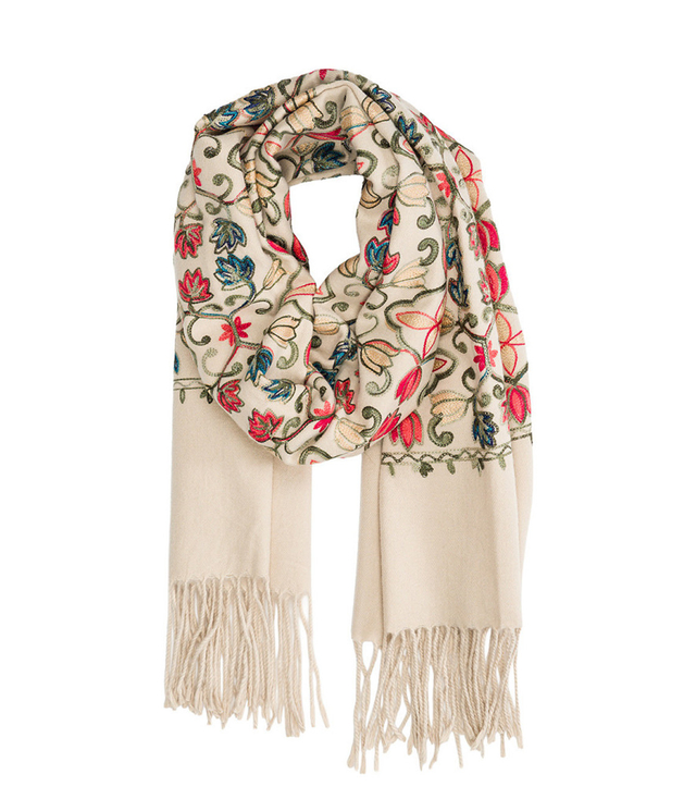 Women's scarf with embroidered pattern and tassels