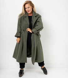 Women's long oversize coat with decorative belt KASIA