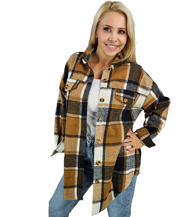 Loose, warm, checkered women's shirt. Longer back CLARE