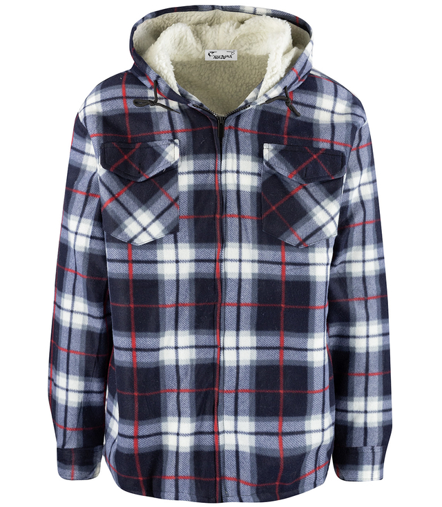 Warm fleece men's plaid shirt with hood insulated with faux fur