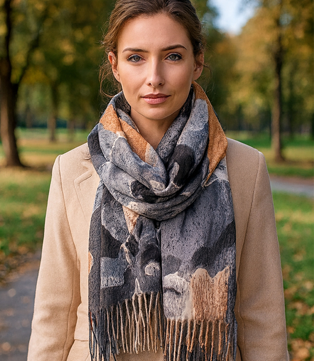 Women's scarf with floral motif and tassels elegant