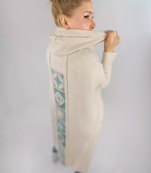 Long cardigan sweater Greek pattern with wool