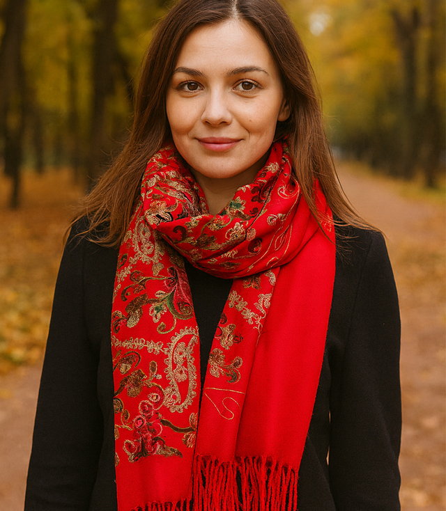 Women's folklore scarf with flower motif and tassels
