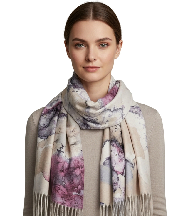 Women's scarf with watercolor delicate pattern and tassels