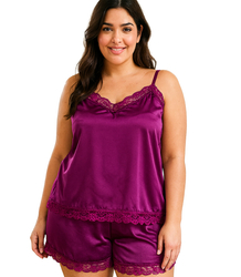 Satin pajama set with lace shorts top petticoat