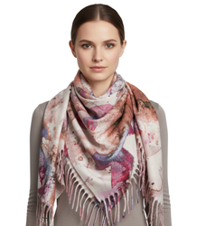 Women's scarf with watercolor delicate pattern and tassels