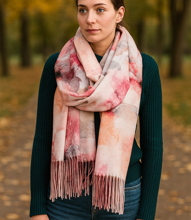 Women's scarf with floral motif and tassels elegant