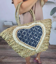 Large natural basket with trapeze bag boho heart