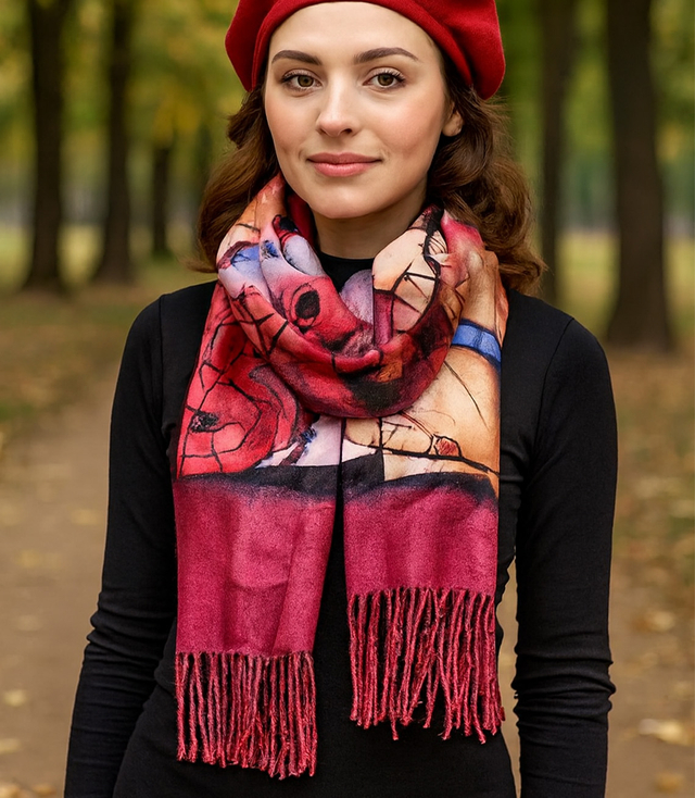 Women's scarf with abstract motif tassels