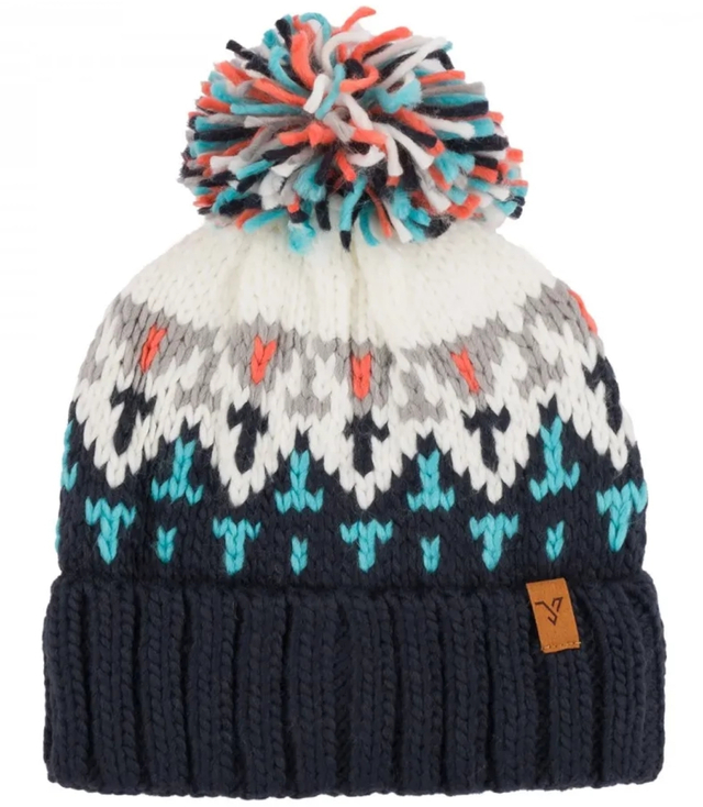 Warm women's cap with colorful pom-pom in winter pattern autumn winter