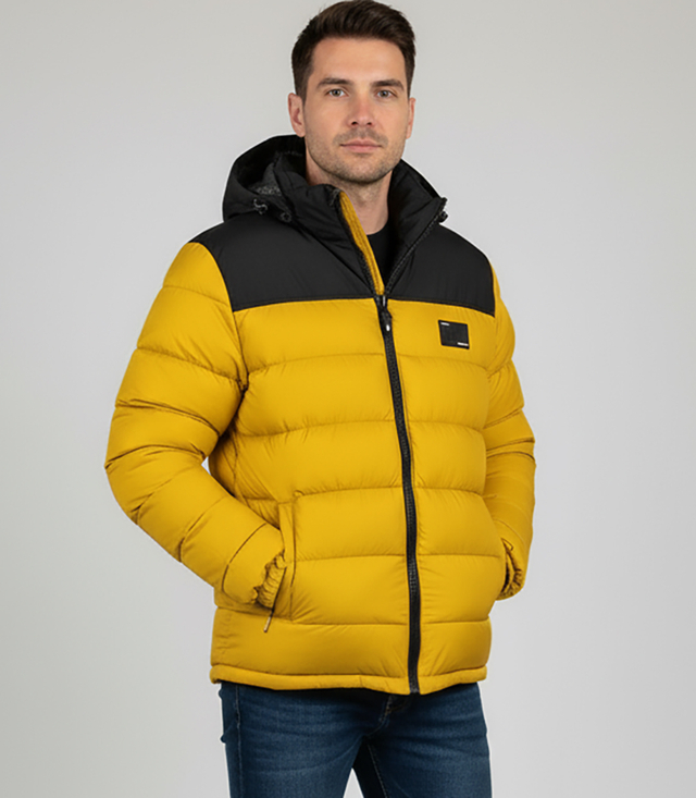 Warm men's quilted winter jacket with hood 