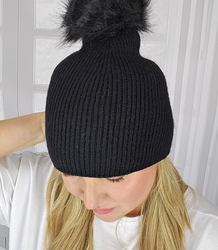 Warm women's beanie with pompon winter autumn ribbed monochrome hat