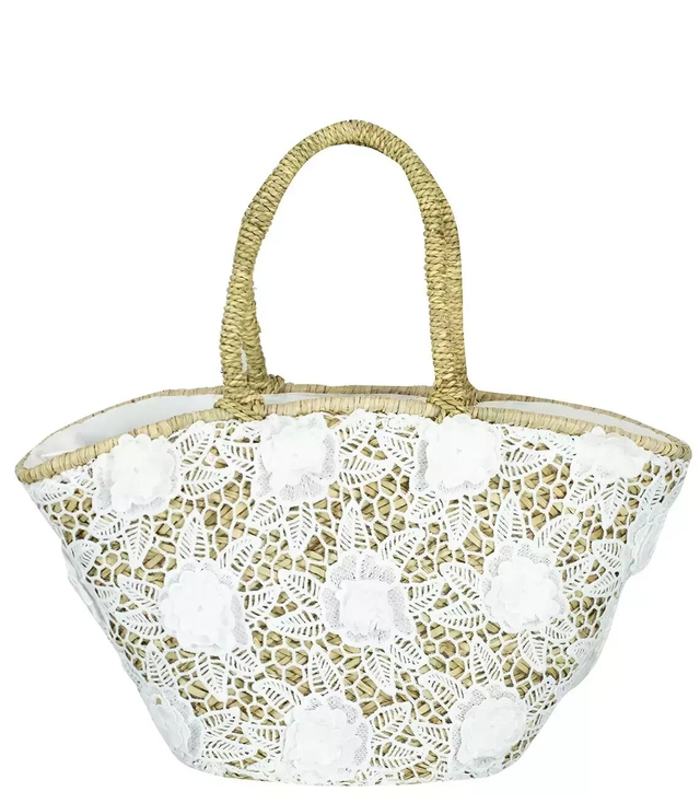 Large natural basket handbag trapezoidal lace