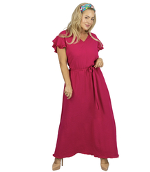 Long dress tied at the waist with short sleeves with frill CELINA