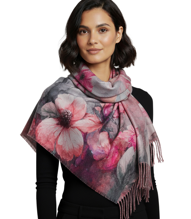 Elegant scarf large flowers with tassels